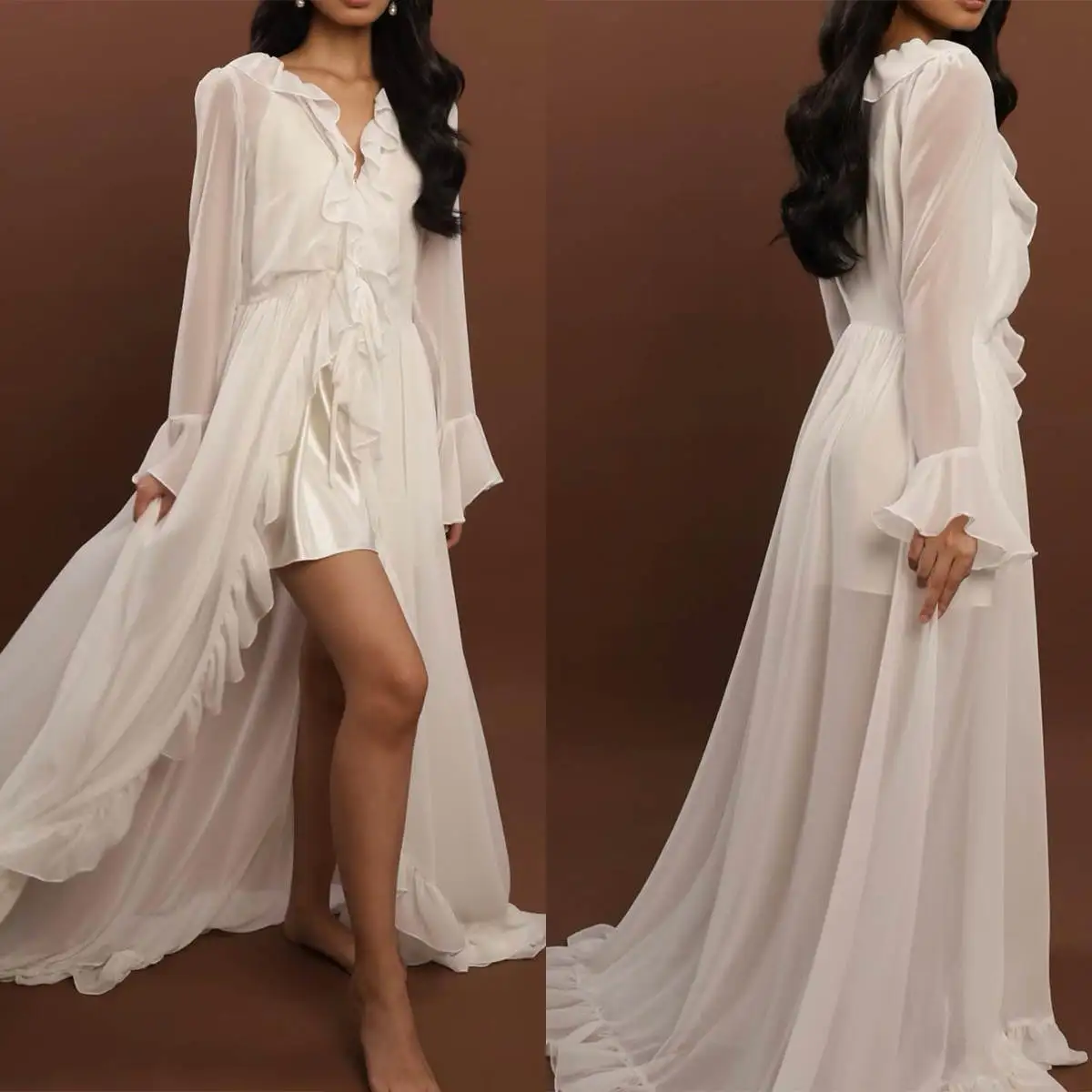 Classic Women Bathrobe V Neck Long Sleeve Chiffon Pregnant  Sleepwear Ruffles Ruched Split Robe Maternity Photo Evening Dresses