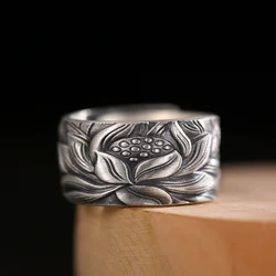 Vintage Flower Lotus Ring Men's Jewelry Fashion Personalized 12mm Width Open Ring Male Index Finger Accessories