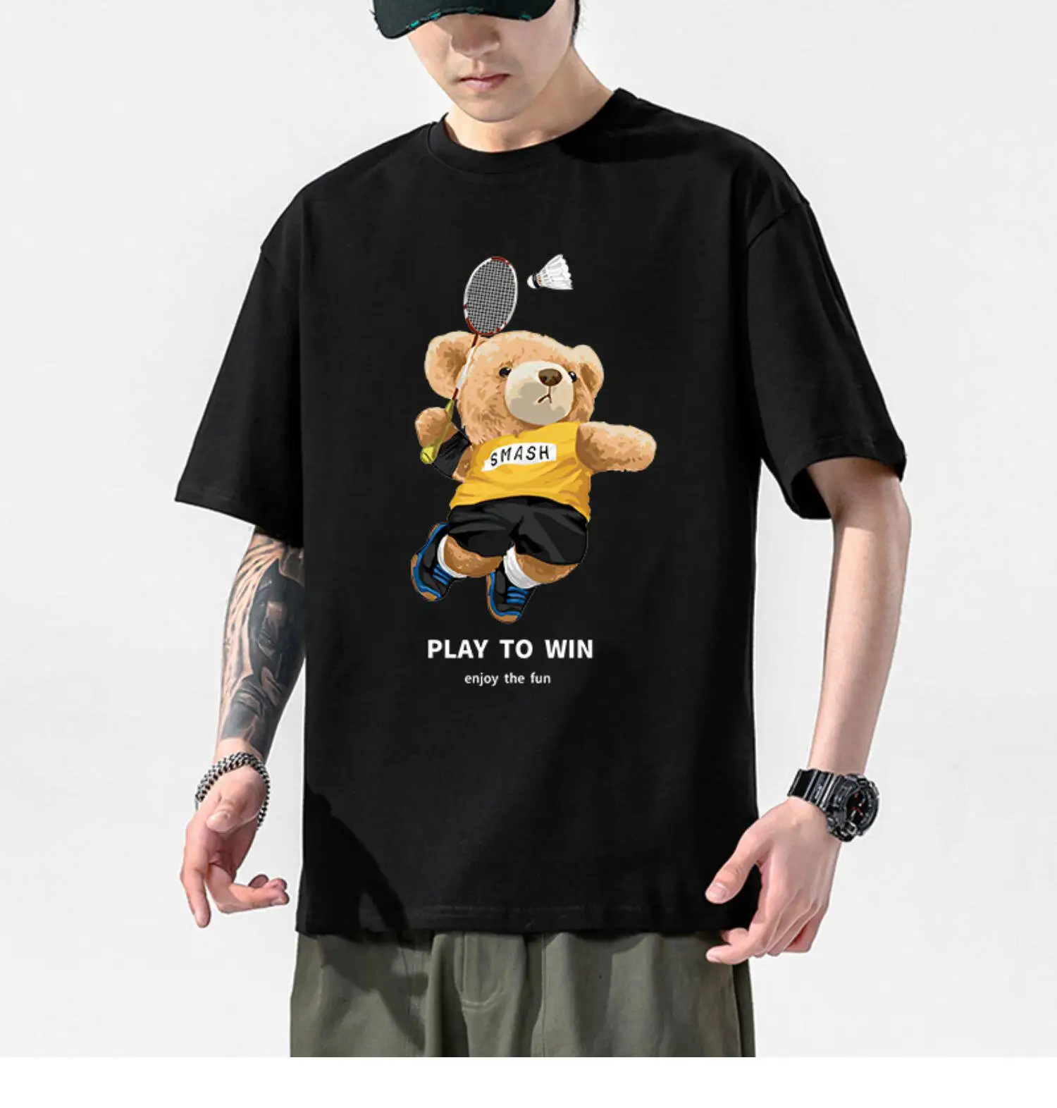 Tennis bear pattern badminton sport T-shirt for men and women custom short-sleeved team competition team uniform clothing  tee