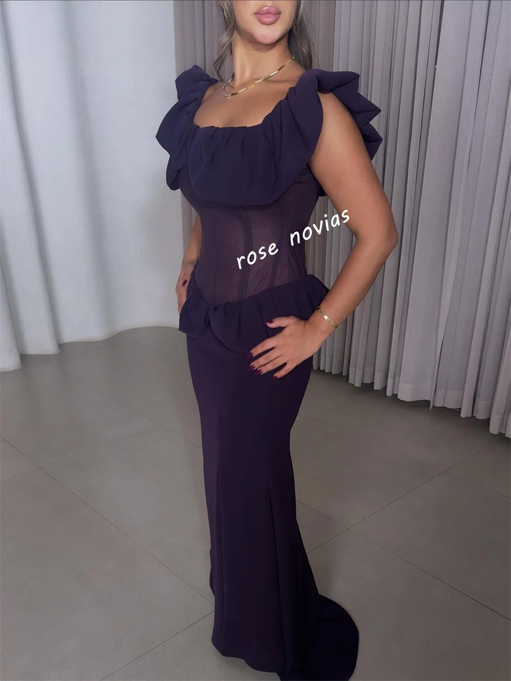 Customized Jersey Pleat Charming Violet Off-the-shoulder Trumpet Long Dresses Bespoke Occasion Evening Dress Elegant Party