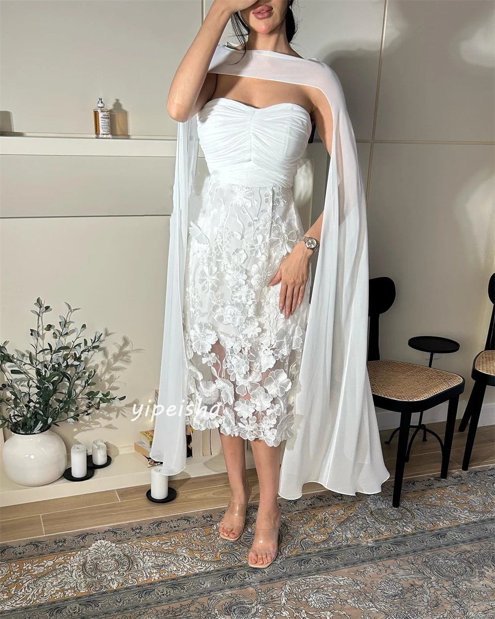 Hoge Kwaliteit Schitterende Chiffon Applique Gedrapeerde Plooi Verjaardag A-Lijn Strapless Op Maat Gemaakte Gelegenheidsjurk Midi-Jurken