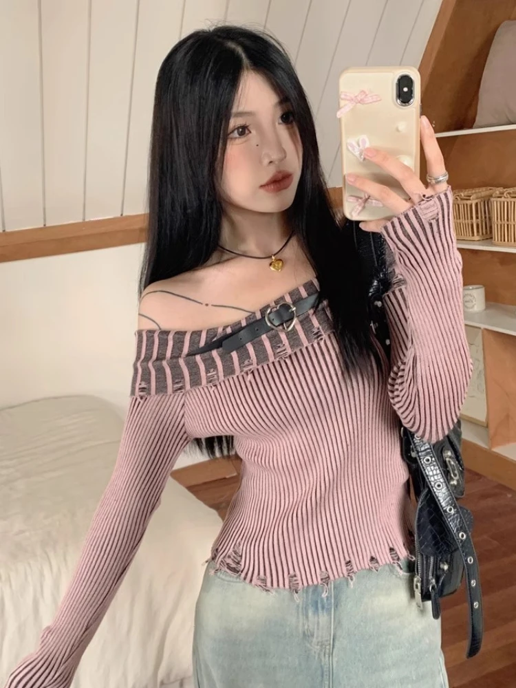 New Vintage Sweaters Women Slash Neck Striped Frayed Chic Hotsweet Off Shoulder American Style Hip Hop High Street Retro Slim