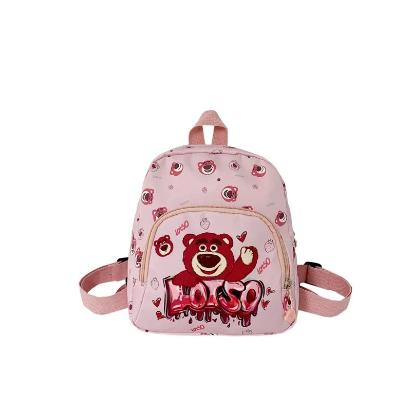 Mochila escolar de dibujos animados para niños, bolsa de lona para viajes al aire libre, Hello Kitty Kuromi Pink Bear Lotso