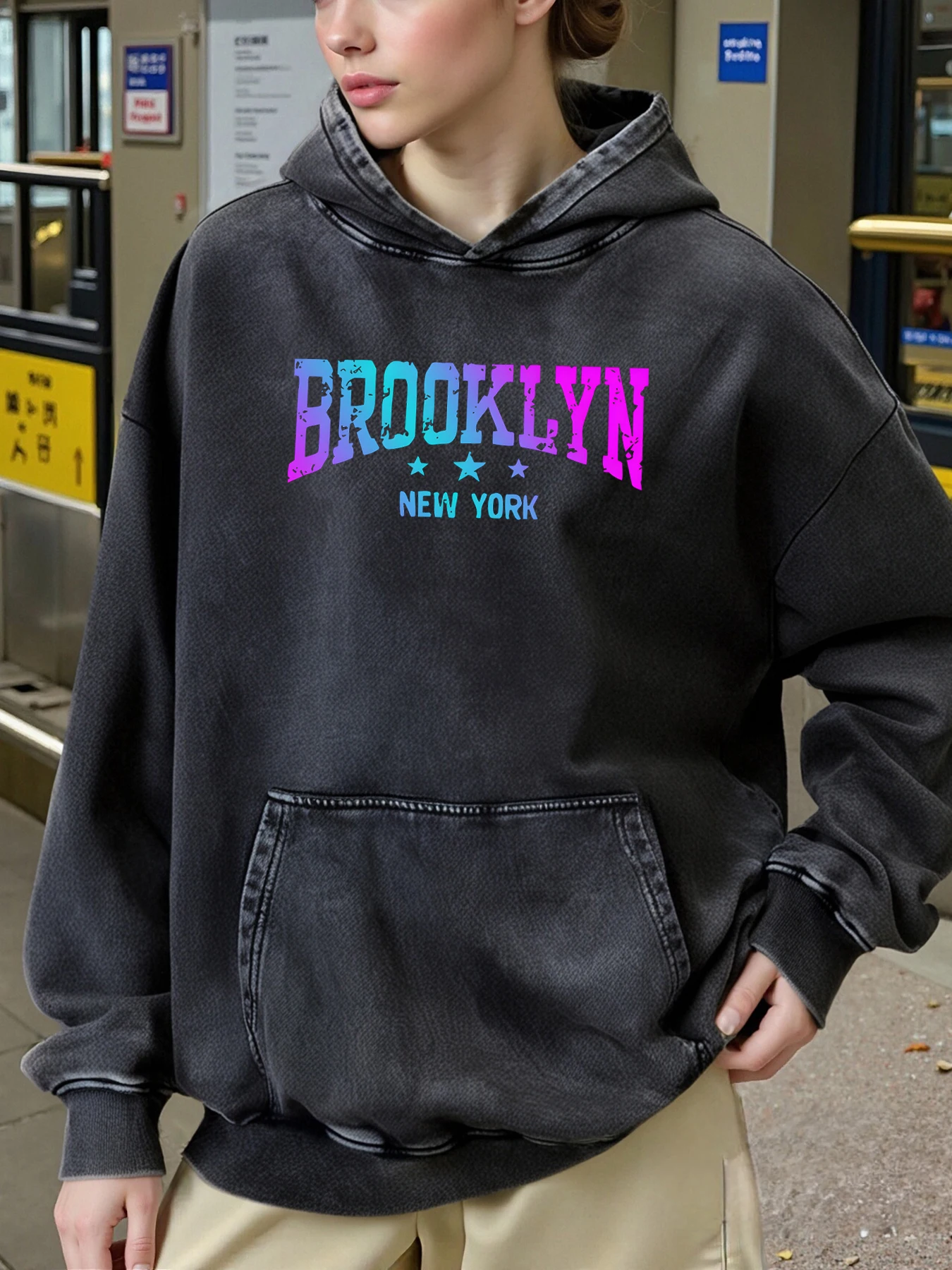 رسالة فنية بروكلين نيويورك طباعة المرأة هودي الخريف الشتاء غسلها هوديس القطن الهيب هوب رياضية جيب ملابس فضفاضة #1