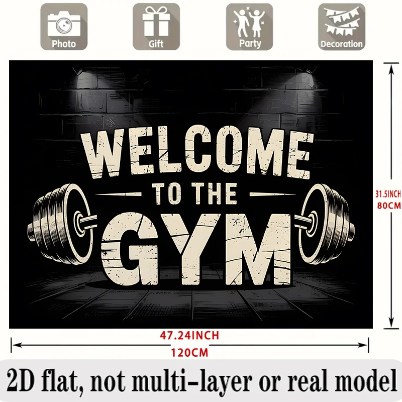 Welcome To The Gym Barbell Weights Black Brick Wall Tapestry 2D Flat Printing Wall Hanging Backdrop for Fitness Room GarageDecor