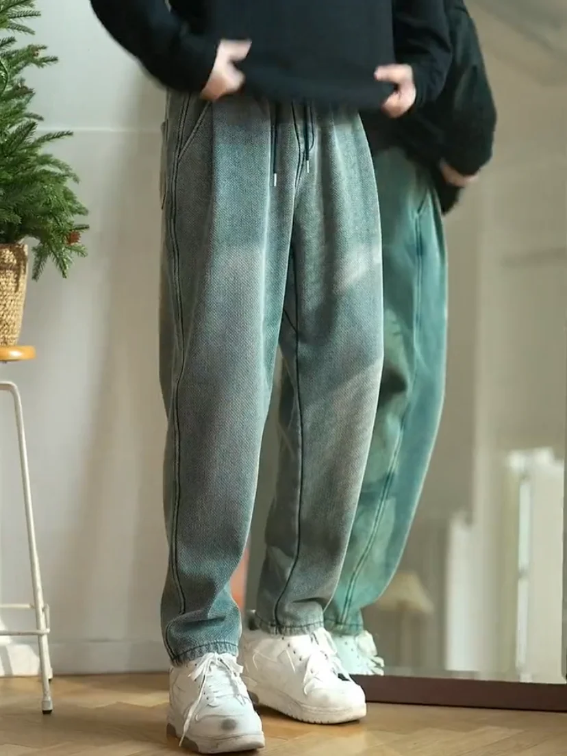 

Мужские джинсы на флисовой подкладке с эффектом потертости, прямого кроя, на шнурке, для повседневной носки, молодежные, модные, с принтом «Звездная ночь», прочные, эластичные, осень-зима