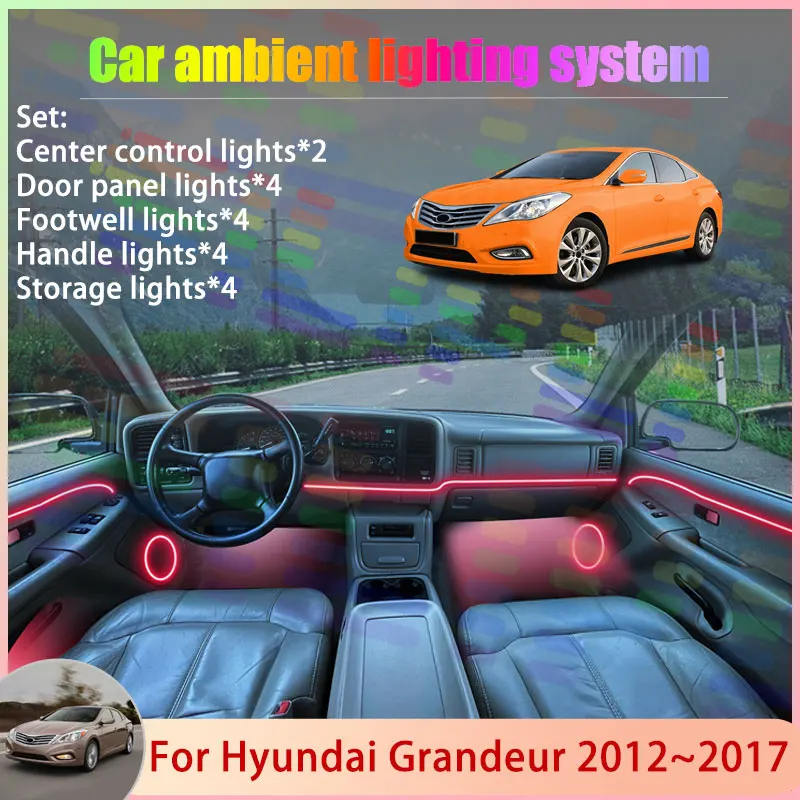 For Hyundai Grandeur 2012~2017 2013 Azera HG MK52/18 in 1 Car Atmosphere Light Lamp RGB Shade Ensemble Streamer Atmosphere Set