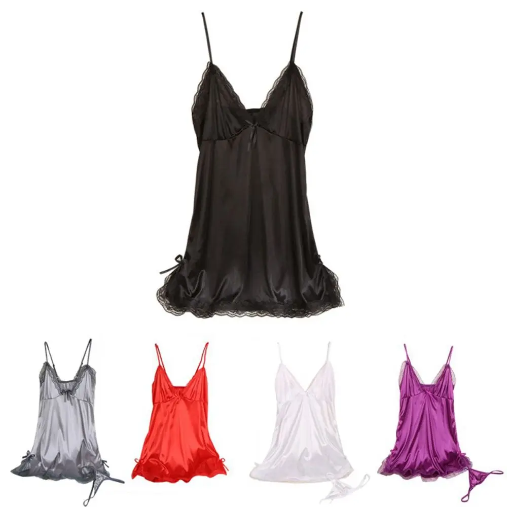 

Sexy Nighties Silk Satin V-neck Lace Ladies Nightwear Skirt Nightdress Sleepwear