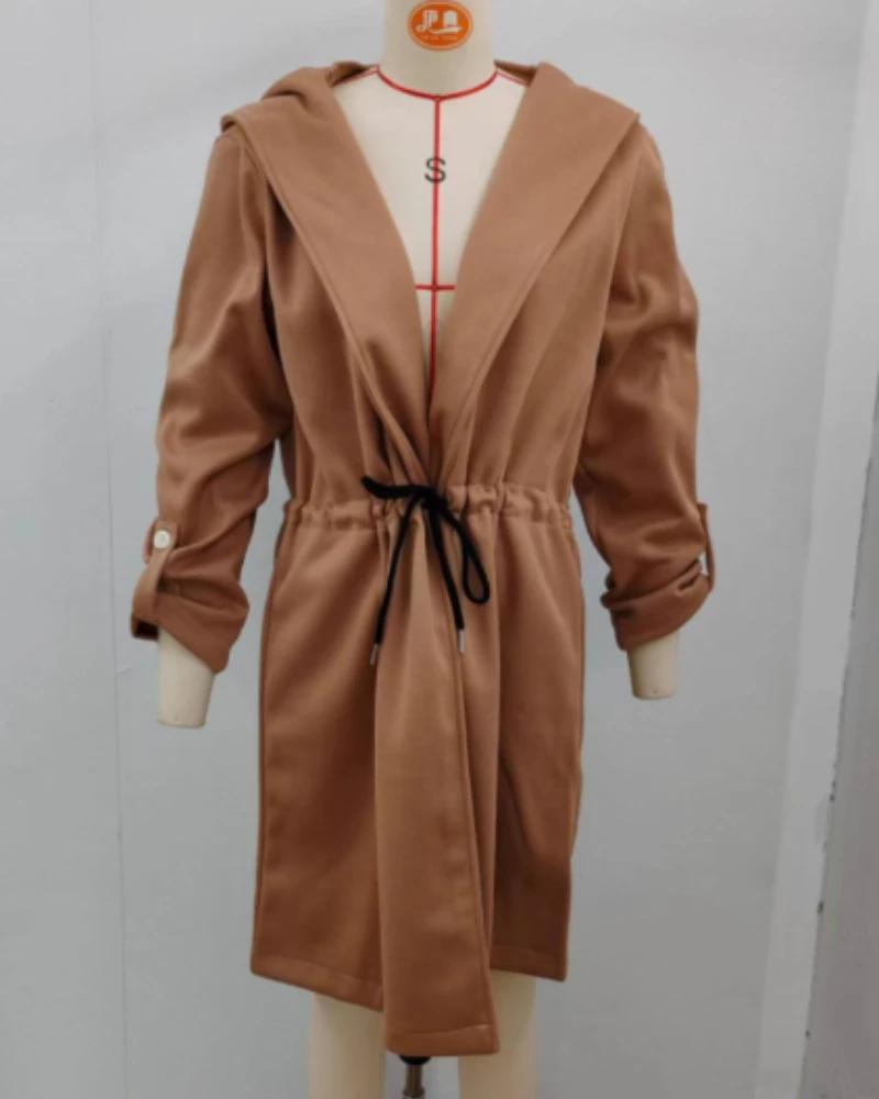 2025 Women Fashion Strap Hooded Lapel Ladies Casual Long Sleeve Long Coat in Autumn and Winter
