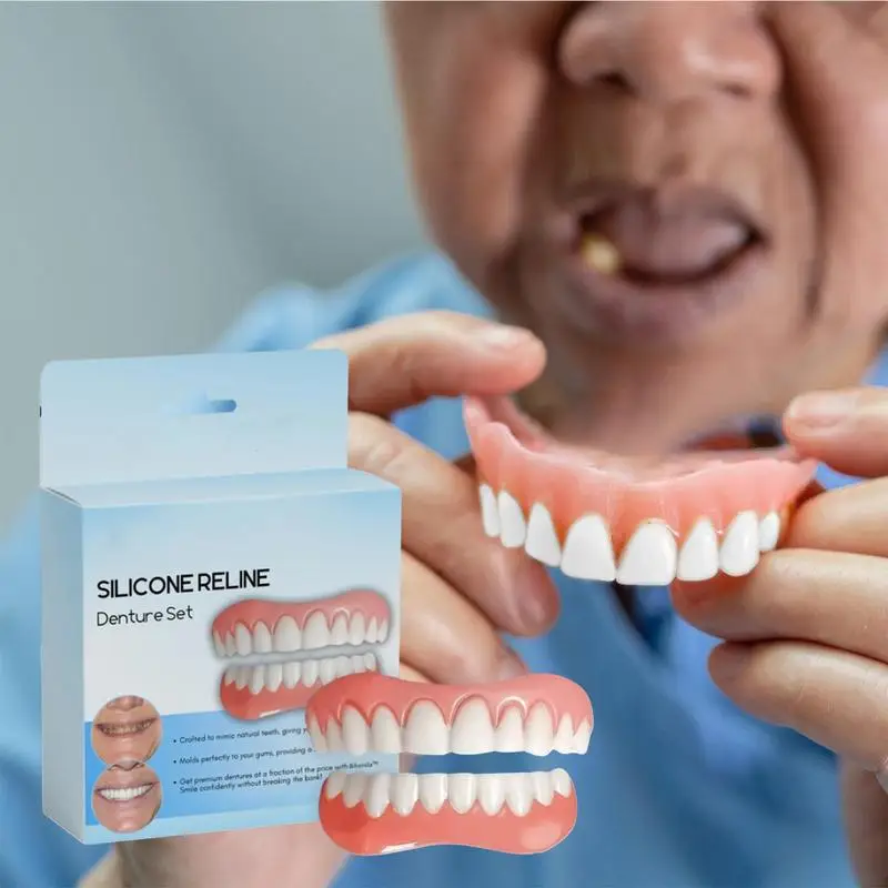 Kit de forro de dentadura de silicone natural, folheados de dentes de encaixe de ajuste confortável, conjunto profissional de reparo de dentes e delineador para adultos