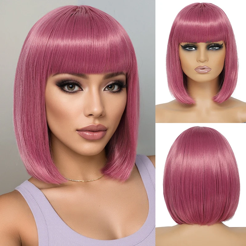 Concert simulation human hair , summer breathable rose net, watermelon pink air bangs wig for women