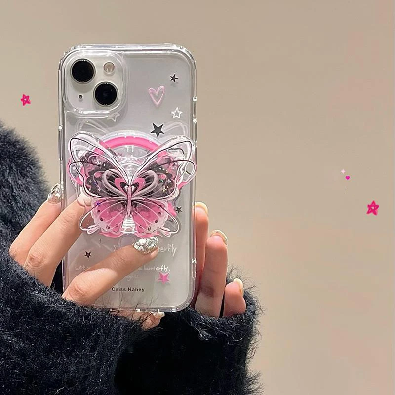 Korean Style Pink Butterfly Magsafe Magnetic Phone Stand GripTok Bracket for iPhone 17 16 15 14 13 Series Mobile Accessories