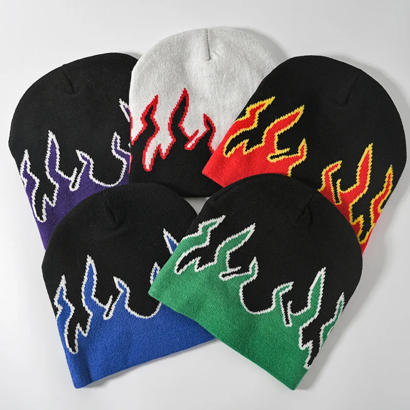 Hip Hop Fire Knitted Beanies Gothic Flame Skullies Hat Flame Women Men\'s Punk Winter Outdoor Riding Hat Halloween Accessories