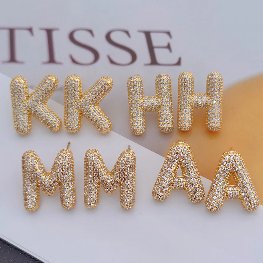 Dainty Balloon Crystal Bubble Letter Earrings for Women Chunky Gold Plated Initial Ear Studs Name Statement Jewelry Gifts
