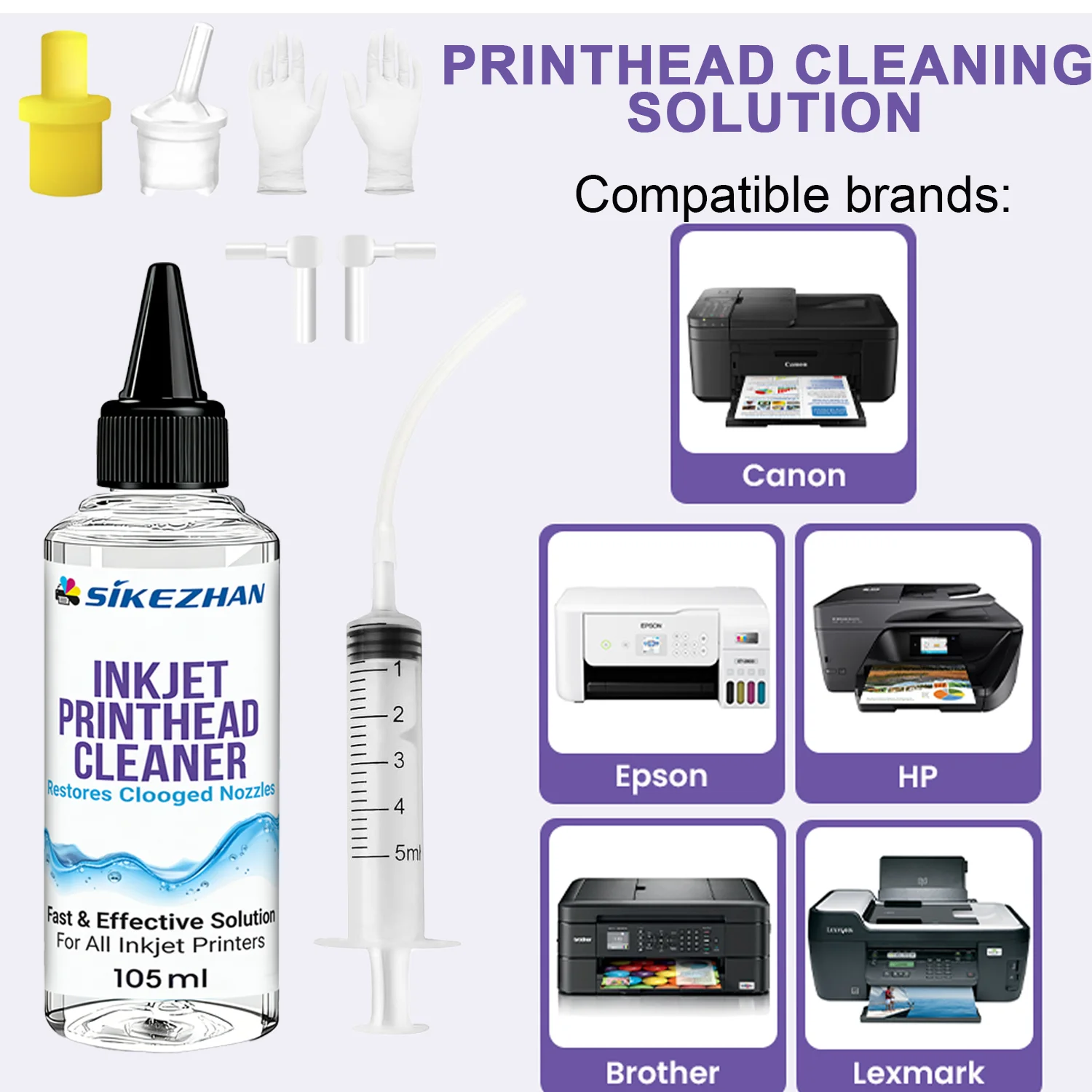 

SIKEZHAN Inkjet Printhead Cleaning Kit for Epson HP - 100ml Printer Head Cleaner Fluid & 5ml Syringe, Clog Repair Nozzle Flush