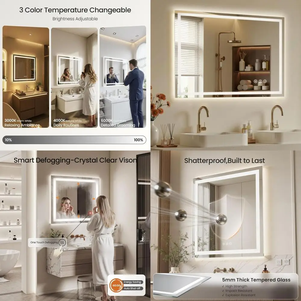 

Dimmable LED Bathroom Mirror, 48x30, Anti-Fog, Front and Back Lighting, 3 Color Temperatures, Memory Function, Tempered Glass