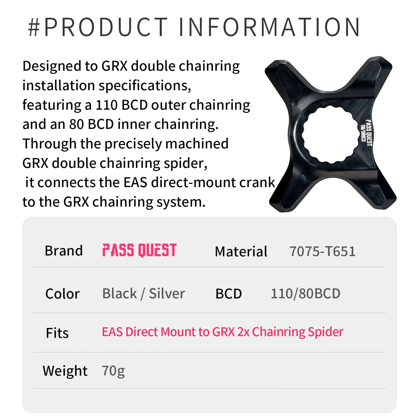 PASS QUEST 2X Chainring Spider for SHIMANO GRX RX810/RX600 Cranks Gravel Bike Double-Chainring Conversion