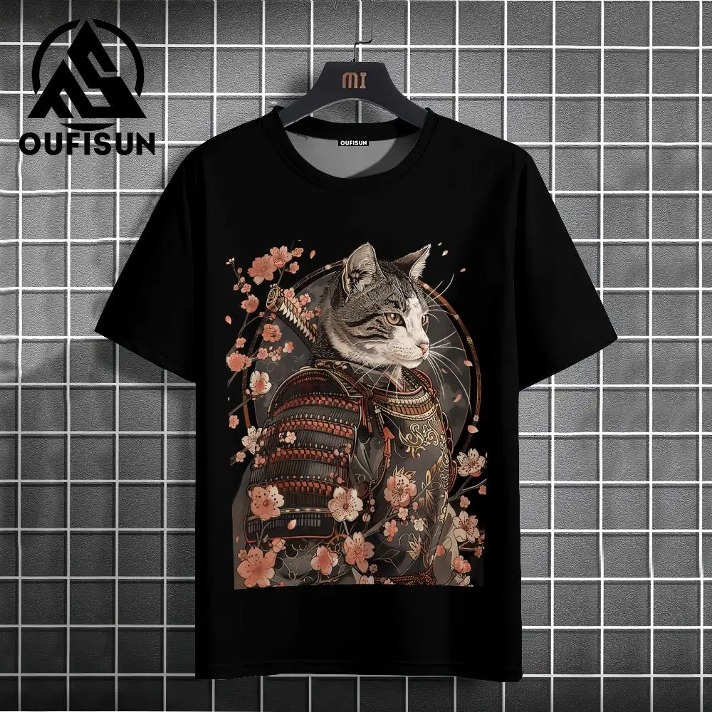 Samurai Cat T-Shirt For Men Japanese Shirts Black Short Sleeve Tees Tops Oversized Streetwear Casual Sweatshirt Men\'s Clothing