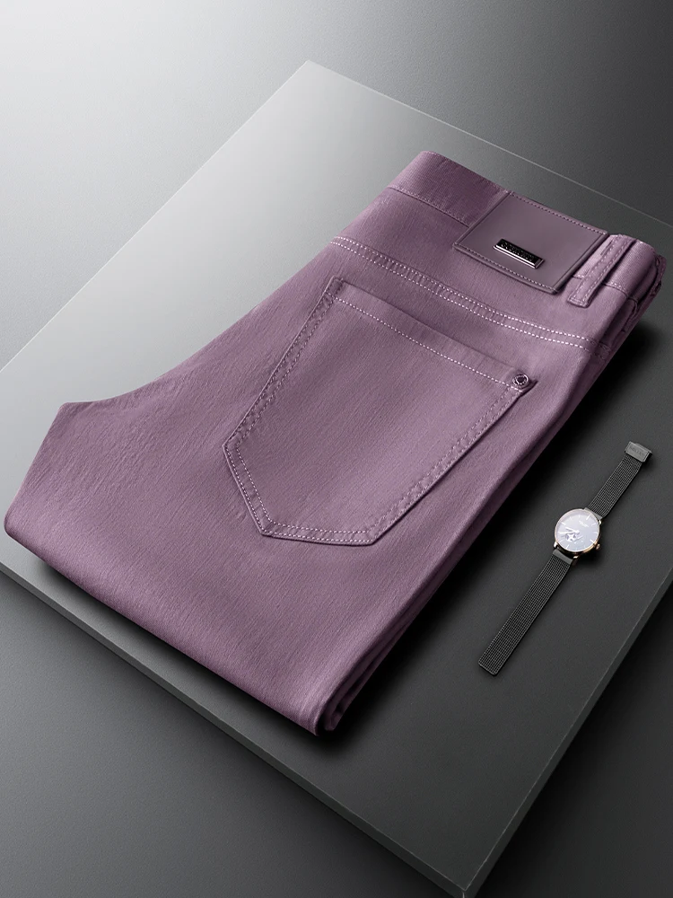

Casual Lightweight Slim Fit Men's Jeans Light Purple Elastic Straight Leg Summer Thin Leisure Youth ular Cotton B...