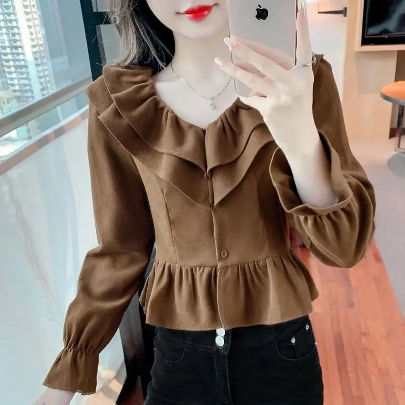 Belle Femme printemps automne mode coréenne simplicité bouton couleur unie col en v femmes tout-match volants velours côtelé mince à manches longues