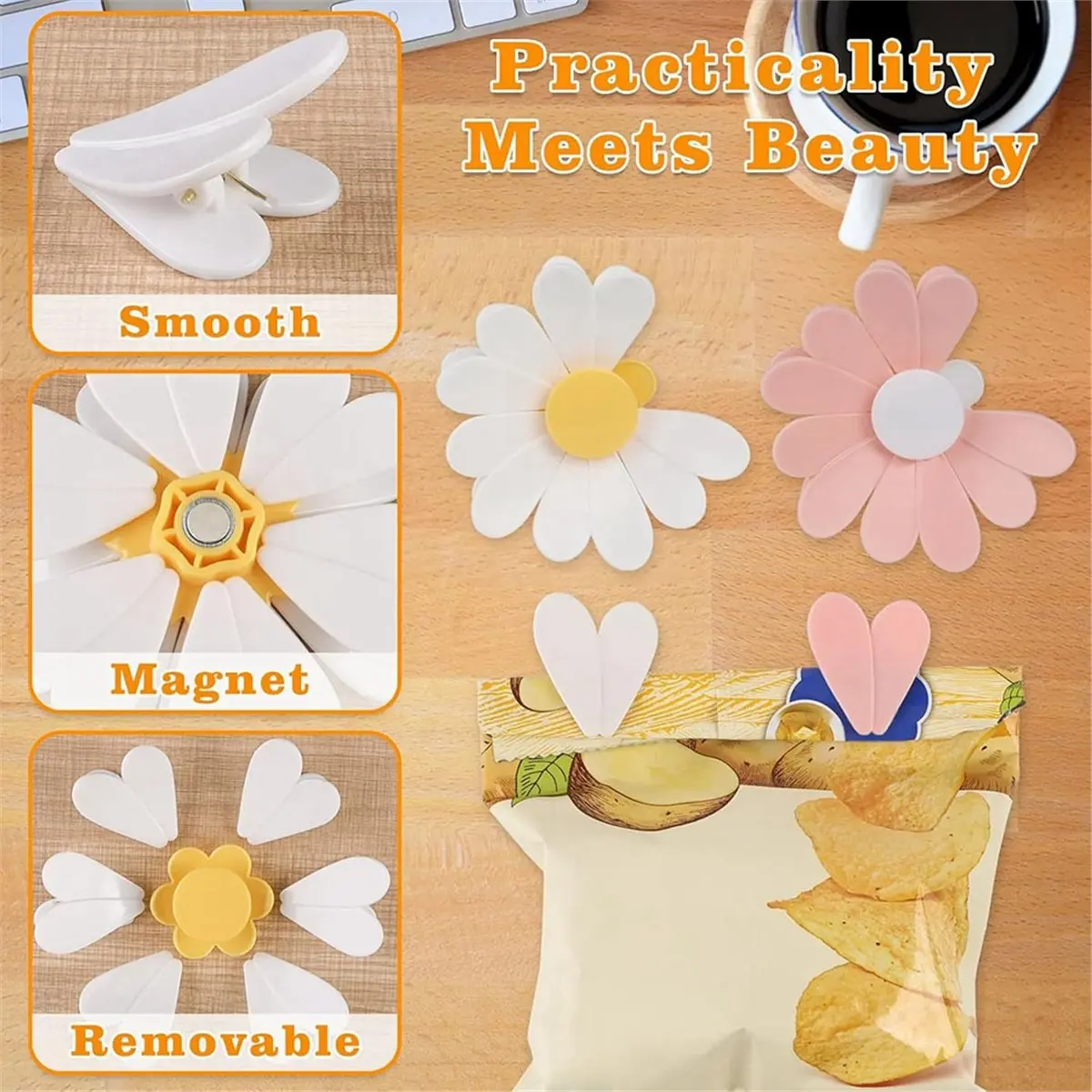 Daisy Magnetische Chip-Clips, starke, niedliche Kühlschrankmagnete, Verschlussclips, rutschfeste Blumenbeutel-Clips für die Küche