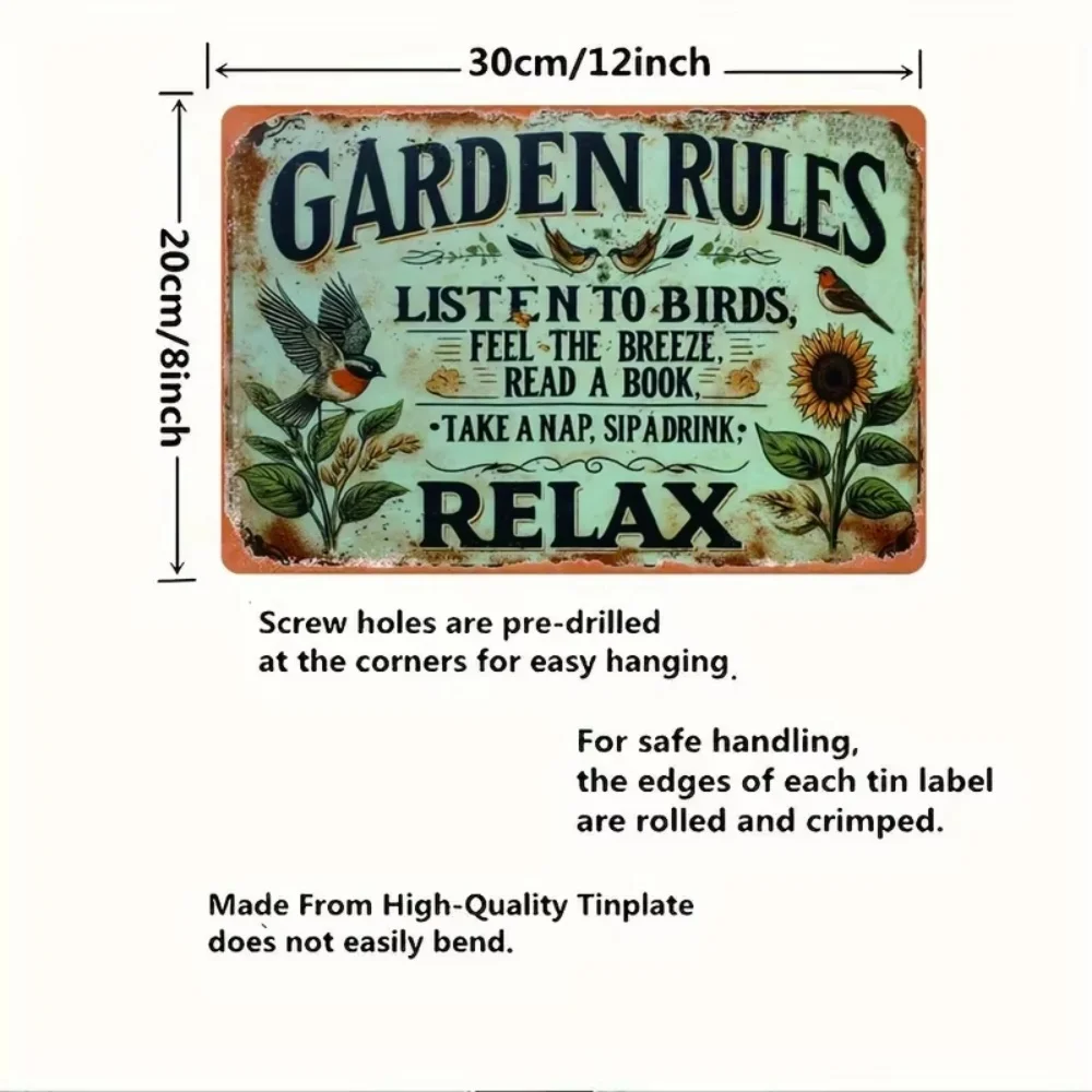 2D Flat - Metal Sign with a Flat 2D Design, Featuring Vintage Garden Rules, Measuring 8.0X12.0 inch. Made of Iron