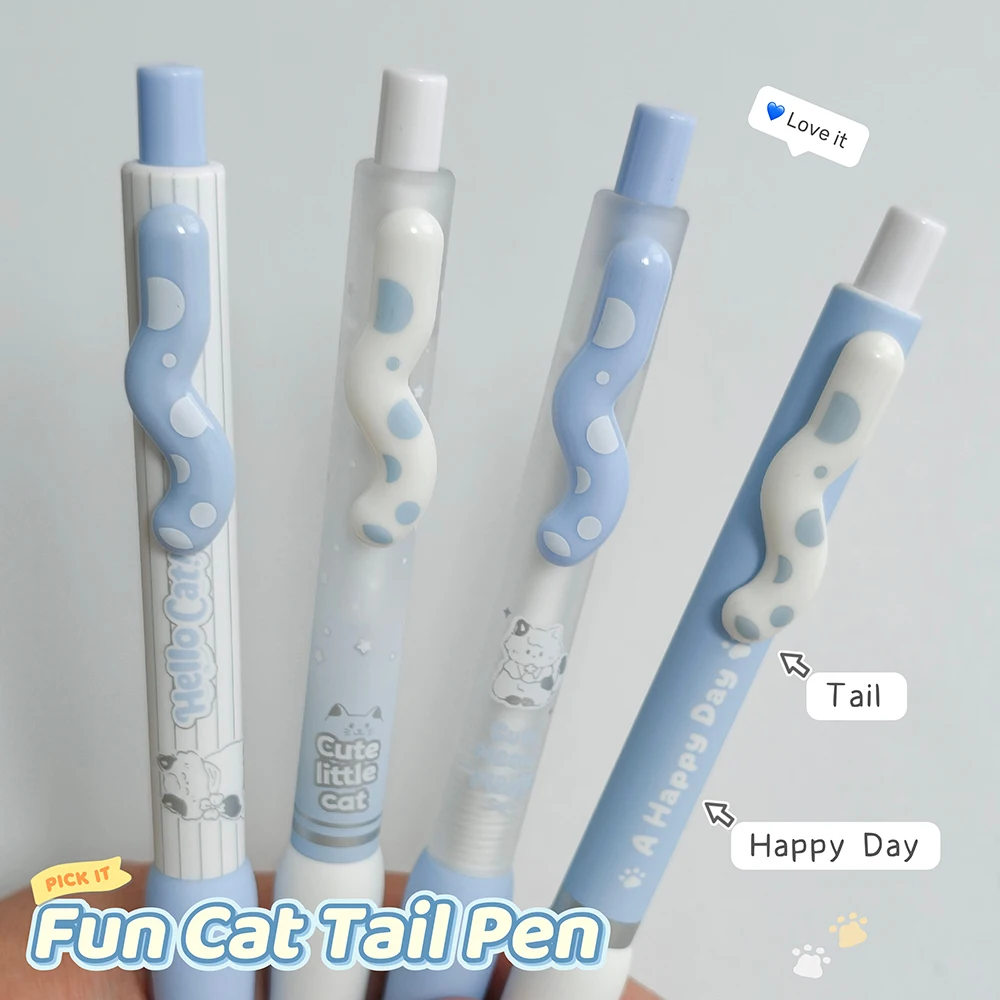 4Pcs Cute Cat Gel Pen Set 0.5mm Fun Cat Tail Quick-Dry Pen Creative Blue White Style Black Writing Pens For Study & Office Use
