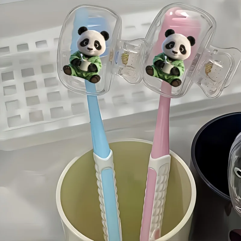 Cute Panda in Green Pajamas 2pcs Travel Toothbrush Case Storage Clip Ideal for Home Use Essential Bathroom Accessory Fun Product