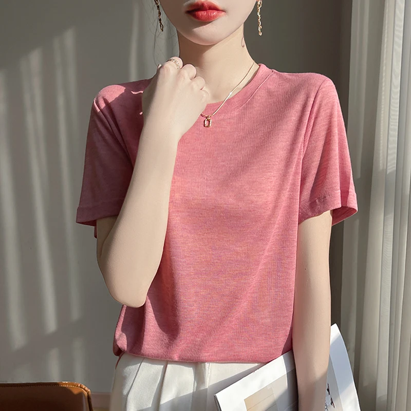 Color Matching Round Neck Thin Knitted Short-Sleeved T-Shirt Worsted Bottoming Shirt 2025 Spring Summer New Top Sweater