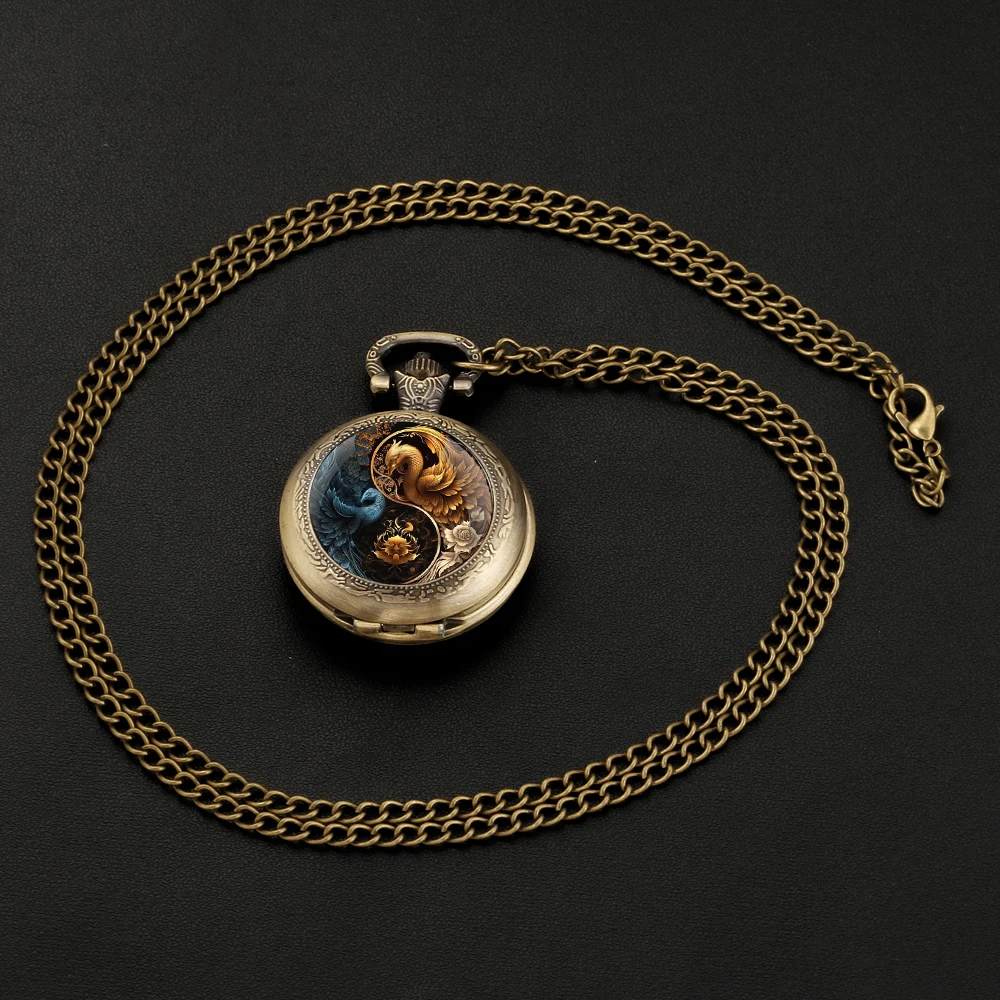 Misterioso orologio da tasca al quarzo Vintage in bronzo retrò Phoenix per collana da donna da uomo, accessori regalo per orologi con ciondolo unico