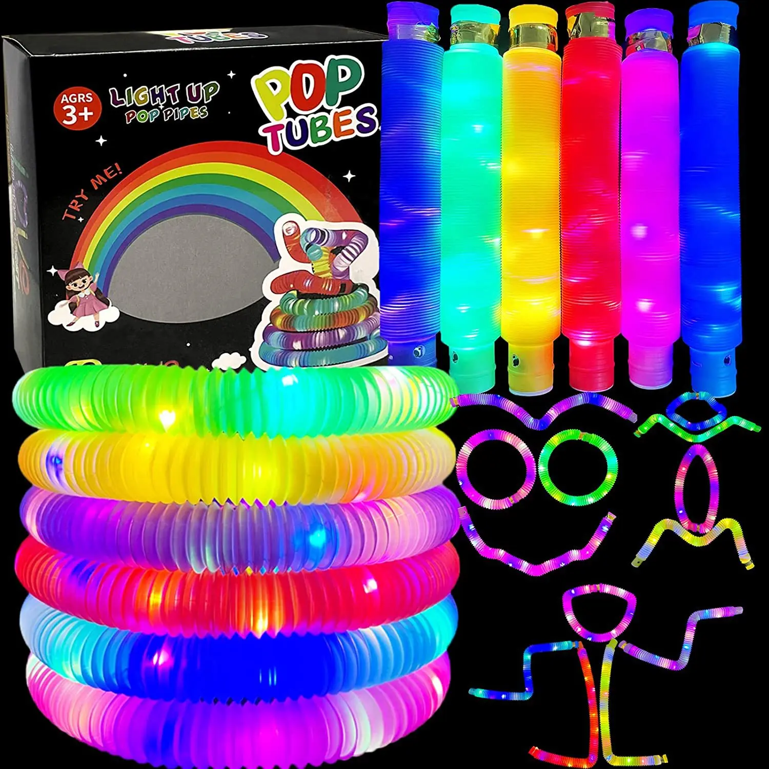 LED Flash Pop Tubes Sensory Toy For Adult Stress Relieve Toys Kid Autism Anti Stress Plastic Bellows Children Squeeze Toy