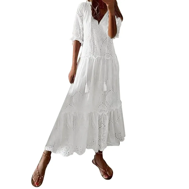 Summer Cotton White Dress for Women Casual Hollow Crochet Bohemian Loose Beach Long Dress Ladies Plus Size Holiday Ruffles Dress