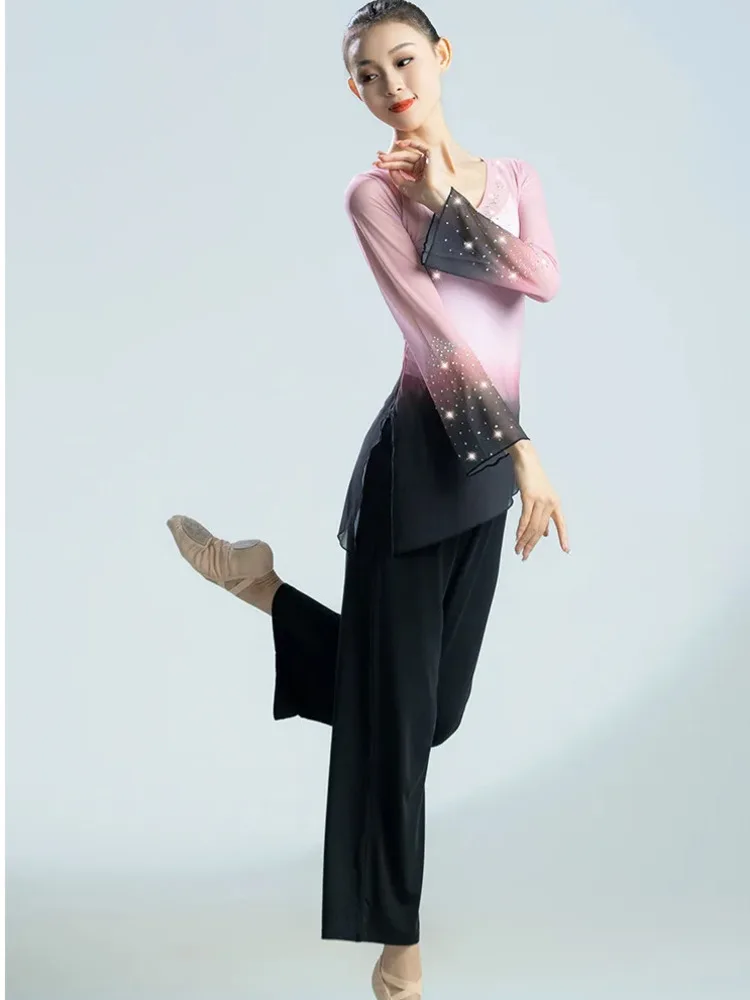 긴 소매 현대 댄스 탑 착용 할로윈 의상 라틴 여성 메쉬 라인 라인스톤 발레 볼룸 셔츠 재즈 그라데이션 성인