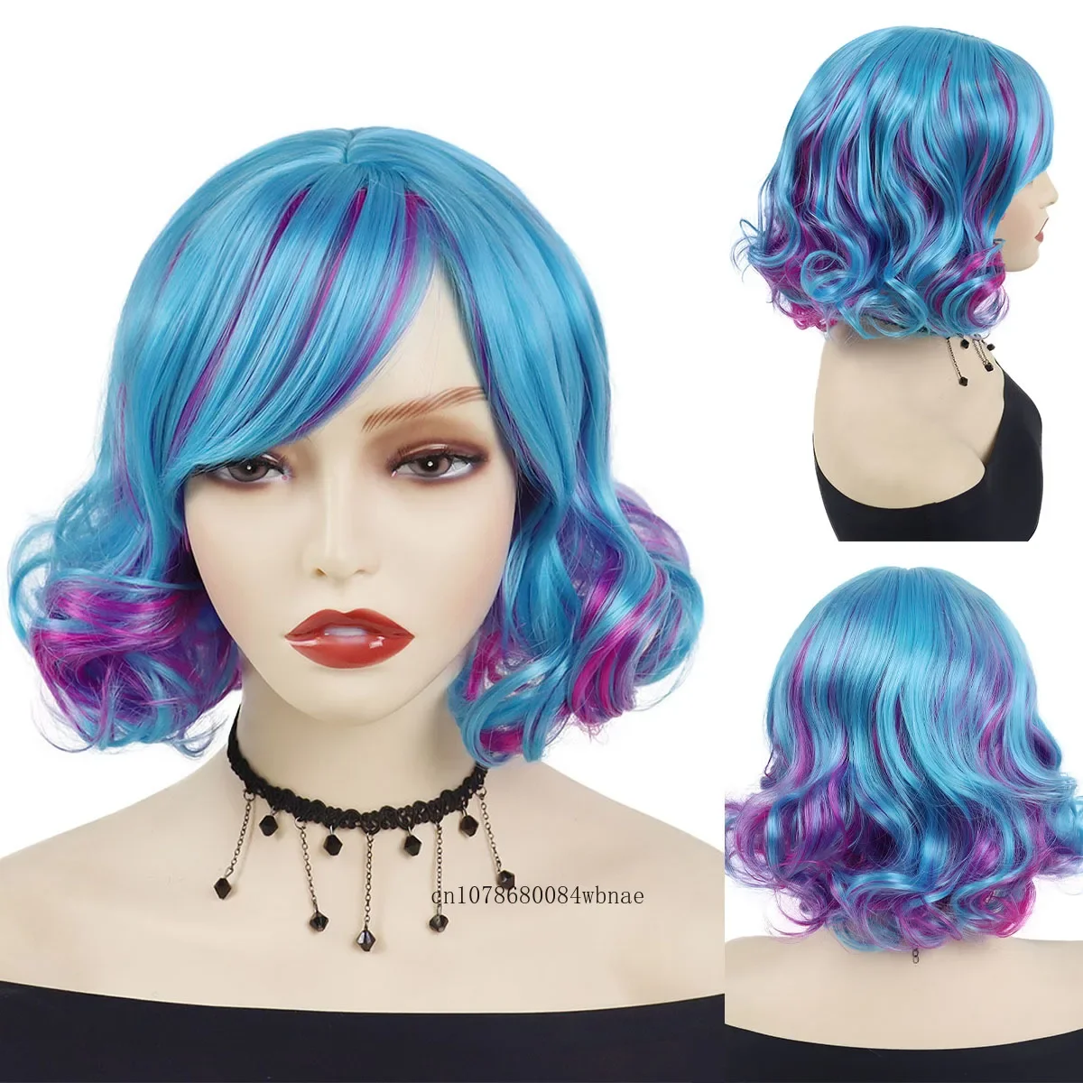 Blue Mixed Pink Wig Synthetic Hair Short Curly Wigs with Bangs for Women Ladies Heat Resistant Daily Party Cosplay Halloween