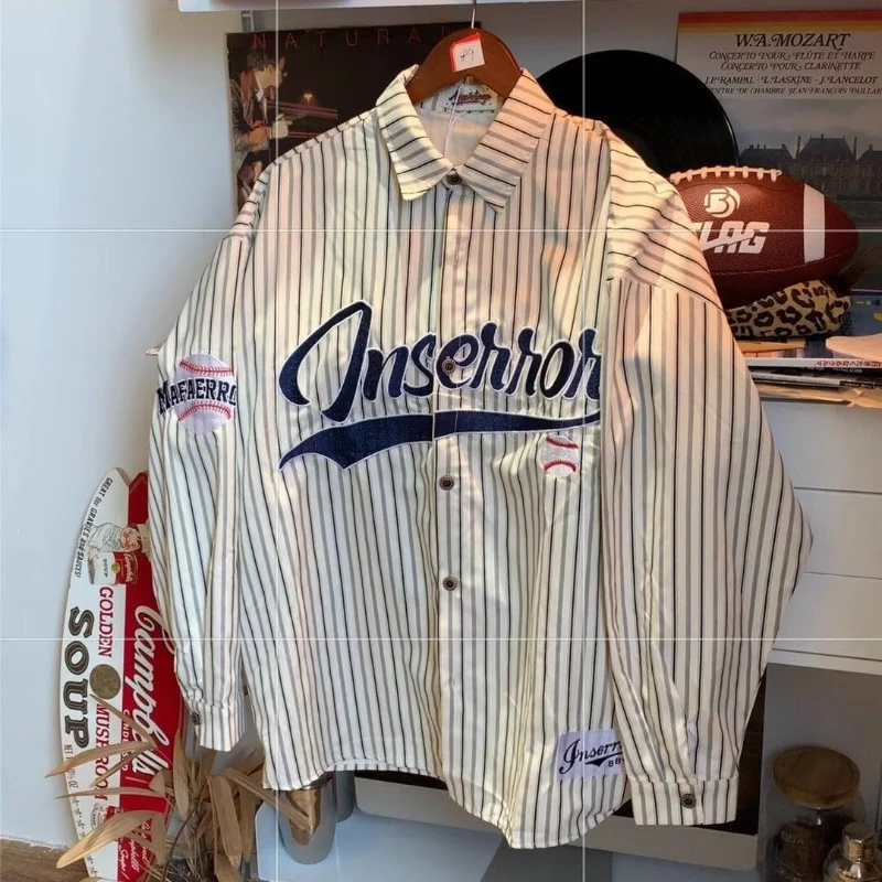 

Spring and Autumn American Retro Letter Striped Embroidered Unisex Turn-down Collar Long Sleeve Shirt Loose Lazy Couple Shirt