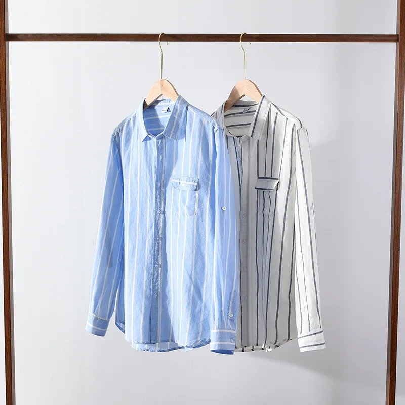 60% Linen Male Shirts Spring Summer Daily Causal Men Long Sleeve Shirts Square Collar Slim Striped Shirt with Pocket Fresh Shirt