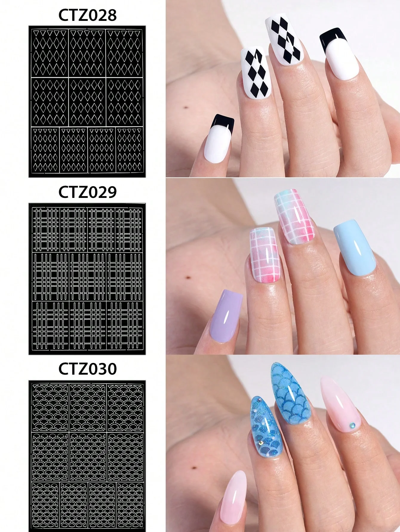 1pc 6 Style Hollow out Grid Stripe Nail Art Stickers, Simple Design Self-Adhesive Nail Tips Nail Art Decoration Stencil Tools, P