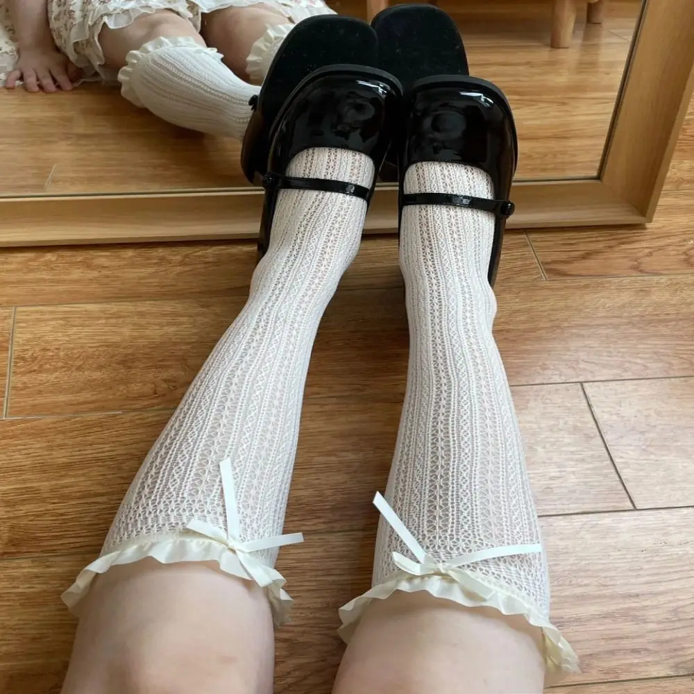 Cute Lace Mesh Knee High Socks Ruffle Sweet Matching Calf Socks Lolita Long Socks For Women Girls