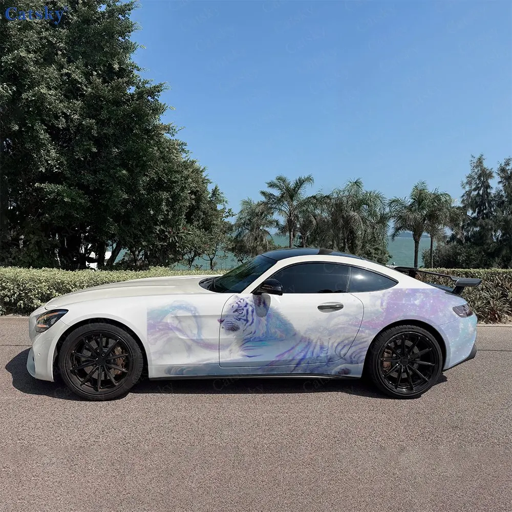 

2pcs Nebula Streamer White Tiger Car Side Wraps, Self-Adhesive PVC Waterproof & Scratch-Resistant Stickers, Car Accessory Gift