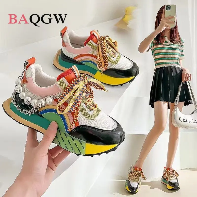 Womens High Heel Leather Sneakers Lace Up Rainbow Colors Platform Pearls Chain Patchwork Fashion Girls Breathable Running Shoes