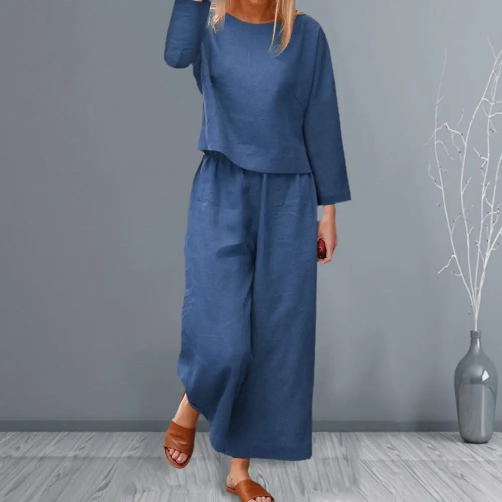 

Lightweight Casual Suit Solid Color Women Pantsuit Elegant Women's Top Pants Set with Long Sleeves Round Neck T-shirt for Fall