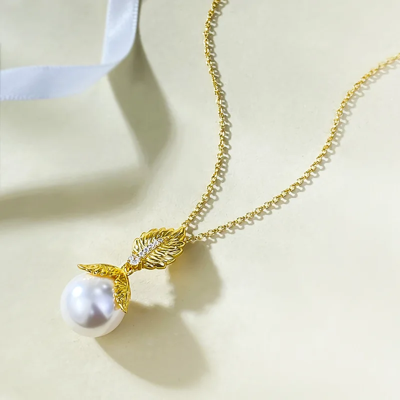 Small and Versatile New S925 Silver Plated French Romantic Gold Leaf 12mm Pearl Pendant New Middle Ages Necklace for Women