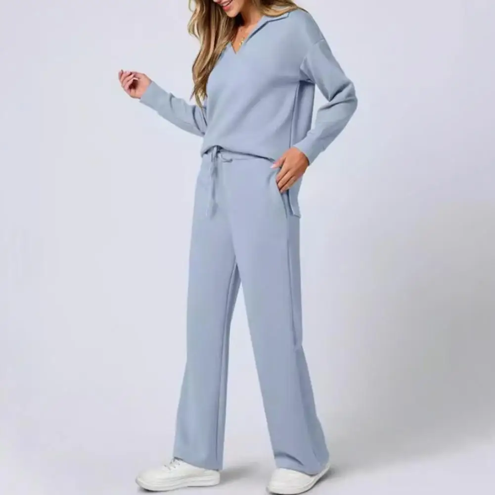 Women Loungewear Set Women\'s V Neck Sport Sweatshirt Wide Leg Trousers Set For Fall Spring Fitness Outfit Solid Color Tracksuit