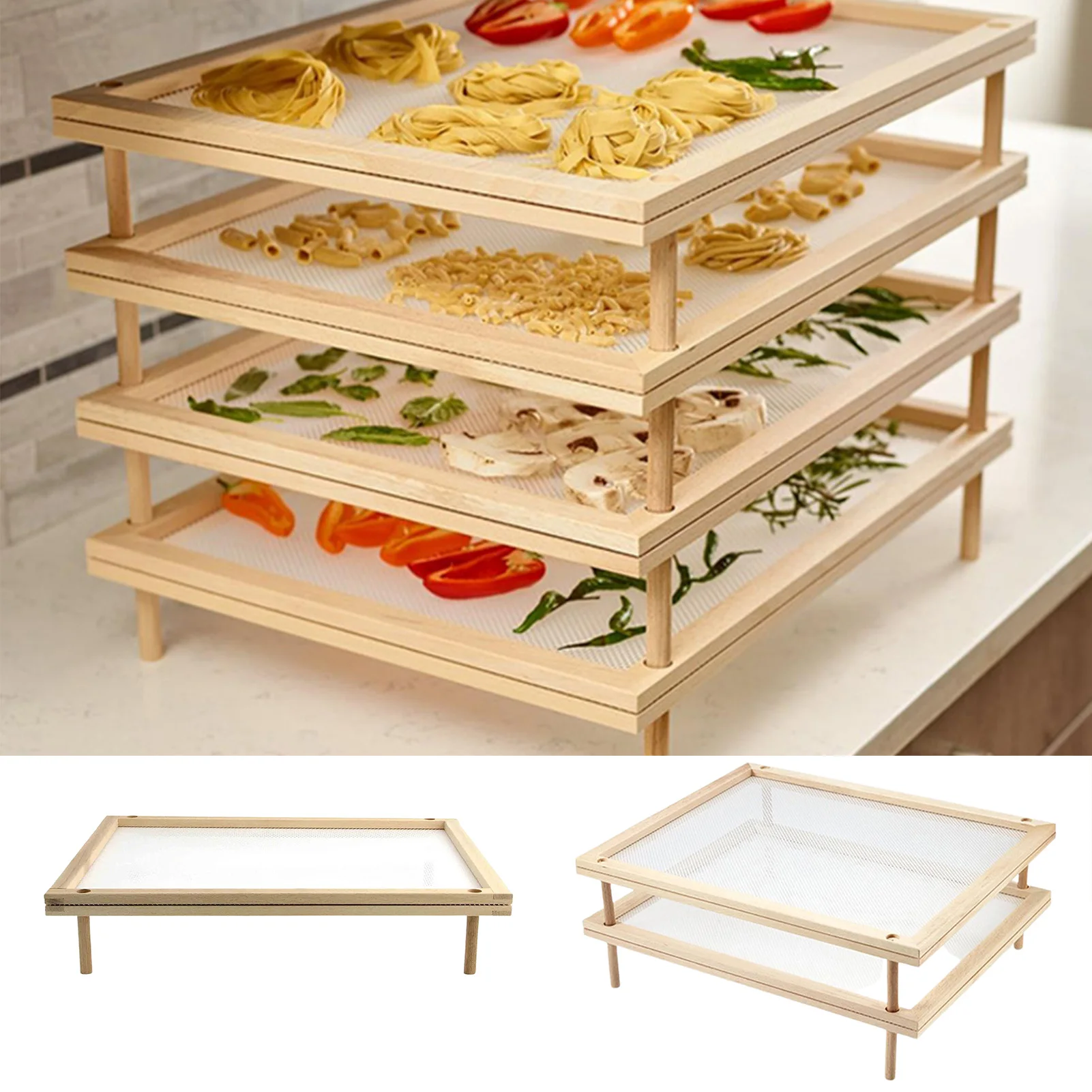 

Wood Pasta Drying Rack With Net Dehydrated Reliable Polished Wooden Food Dryer Stackable Air Circulation Open Fruit Storage Rack