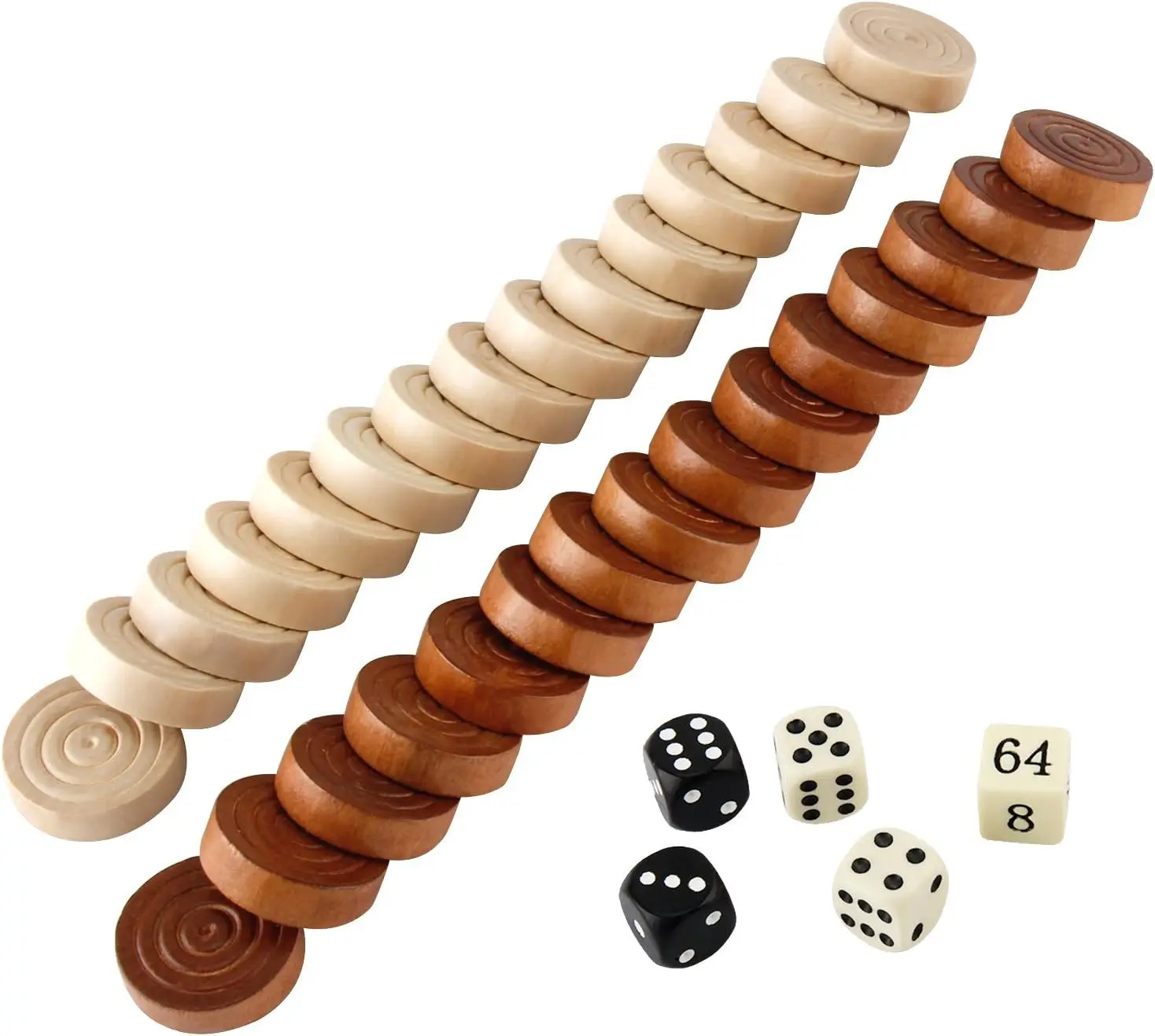 Thread Wooden Checkers Pieces Nature Wood Backgammon Pieces with Drawstring Bag, 5 Dices Included