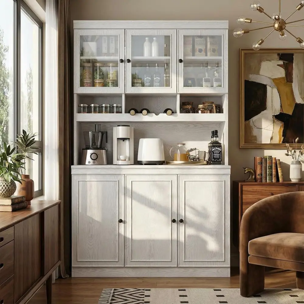 

Кухонный шкаф-витрина 74,8 дюйма со стеклянными дверцами, высокий кухонный шкаф для хранения, шкаф для хранения с подставкой для микроволновой печи, 4 регулируемые полки, для вина и стеклянной посуды