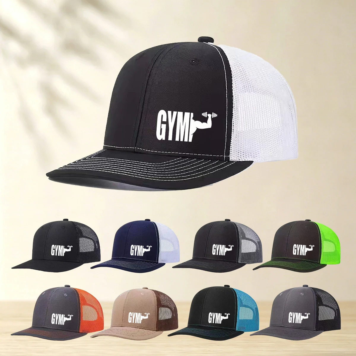 1PC GYM printed mesh truck cap, breathable color blocked baseball cap, suitable for outdoor sports men and women