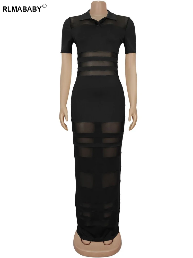 RLMABABY Sexy Sheer Mesh Gespleißt Frauen Lange, Figurbetontes Kleid Umlegekragen Kurzarm Taste Patchwork Casual Mantel Maxikleid