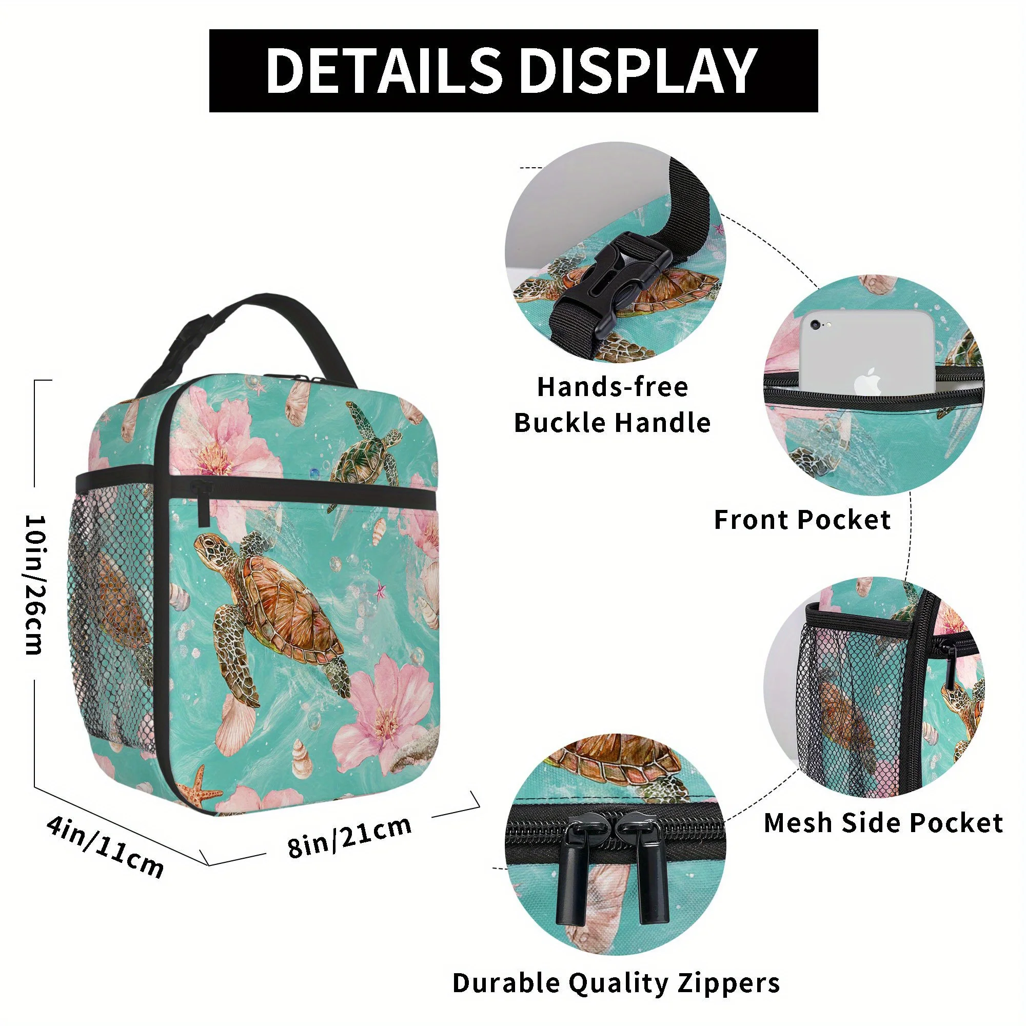 1pc Featuring Ocean Life with Turtles, Flowers, And Shells. This Is a Printed Thermal Bag That Is Insulated And Designed