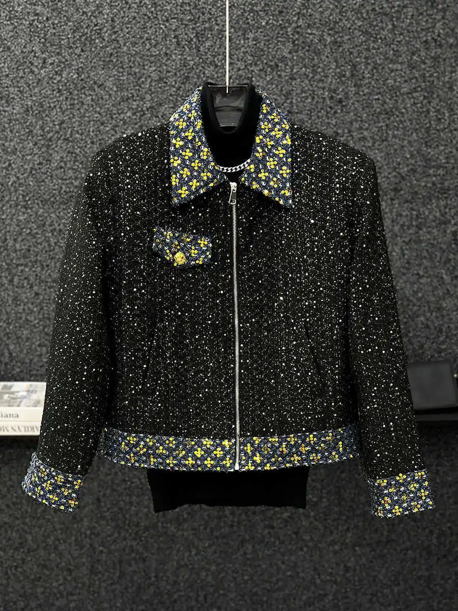 Men's Fashion Sequin Jacquard Jacket Korean Casual Fashion Autumn Winter High Street Contrasting Color Lapel Shiny Zipper Coat